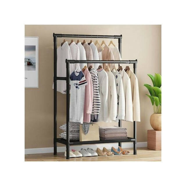 Double Pole Clothing Rack With Lower Storage Shelf for Boxes/Shoes, Clothing Hanging Garment Rack with Telescopic Design and Foldable Single Stand