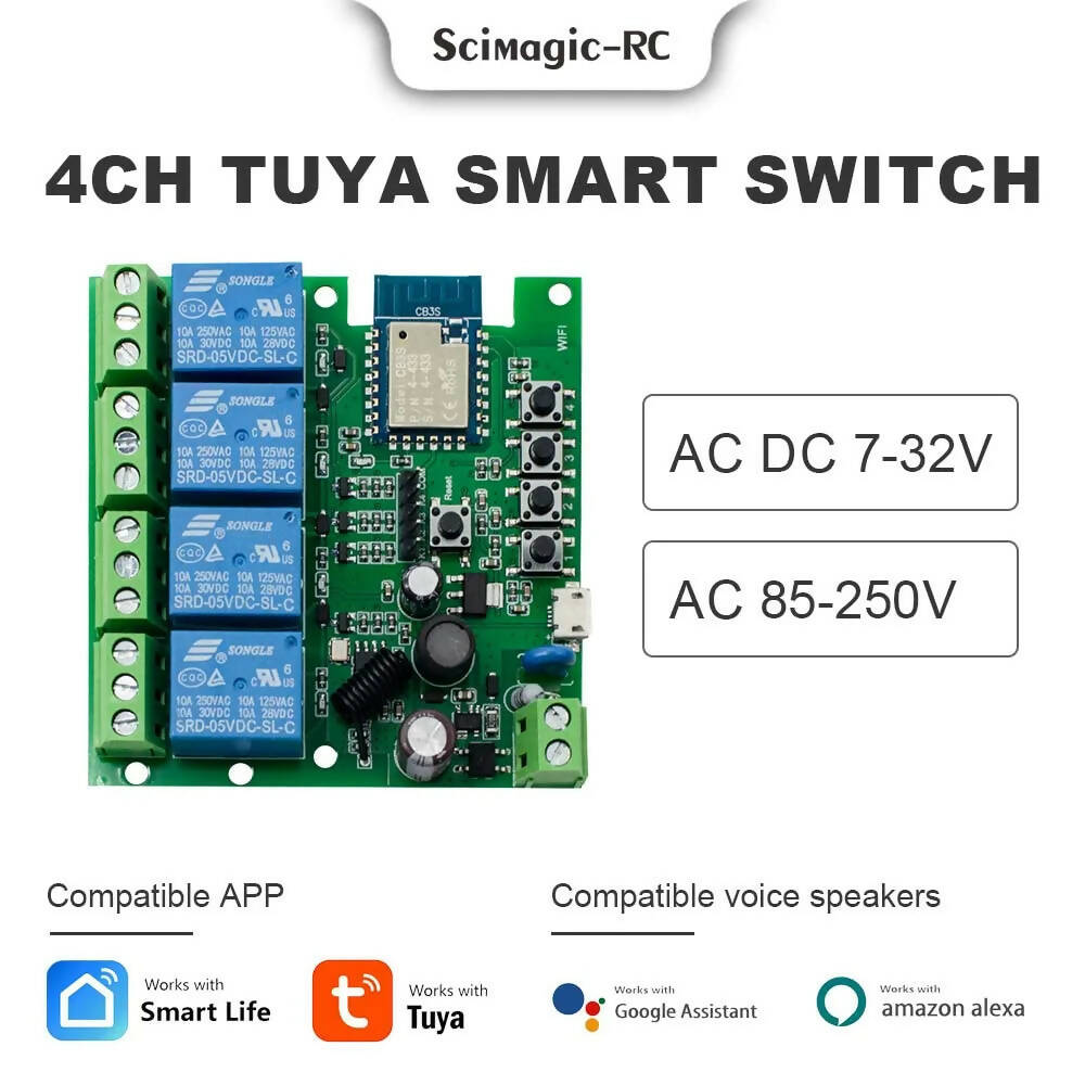 Tuya Smart Switch 4 Channel Relay Module USB 5V DC 12V 24V AC 85-250V Home Automation Interruptor Wifi Smart Life Receiver Alexa