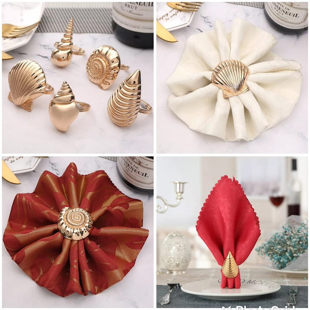 Sea Shell Theme Table Napkin Holder, Creative Ocean Series Shell Napkin Buttons, Fancy Metal Napkin Rings, Single Design per Set - Set of 6