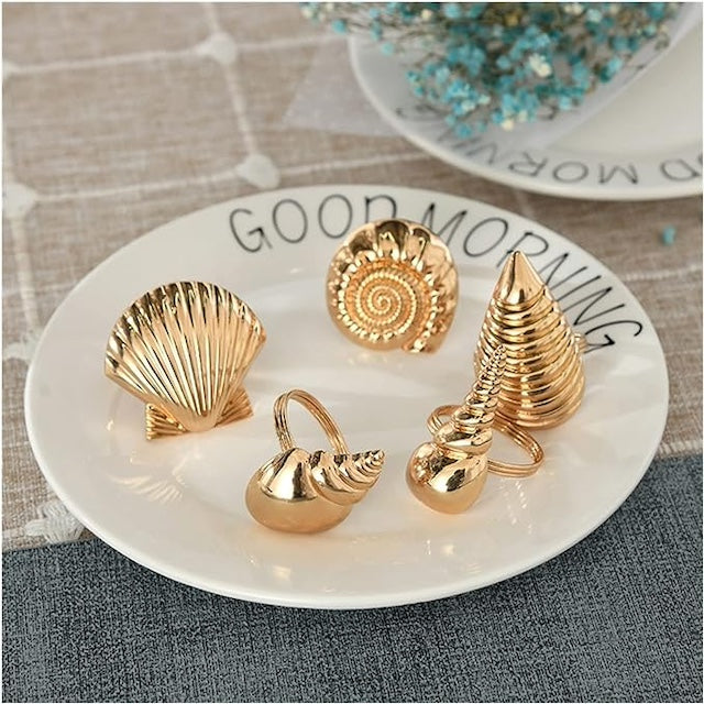 Sea Shell Theme Table Napkin Holder, Creative Ocean Series Shell Napkin Buttons, Fancy Metal Napkin Rings, Single Design per Set - Set of 6