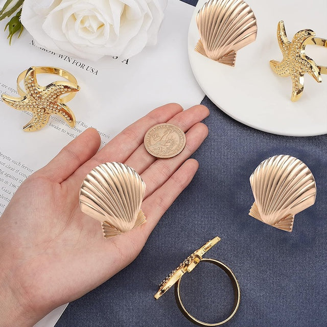 Sea Shell Theme Table Napkin Holder, Creative Ocean Series Shell Napkin Buttons, Fancy Metal Napkin Rings, Single Design per Set - Set of 6