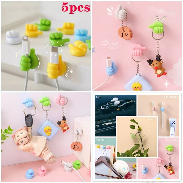 Self Adhesive Thumb Hooks, Thumb Cord Organizer Cable Clips, Fun Wall Hook Wire Clips, Key Clip Wall Storage - 5 Pieces