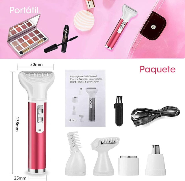 Powerful 5-in-1 Shaver/Trimmer, Rechargeable Facial Epilator, Female Electric Shaver for Facial Hair, Eyebrows, Armpits