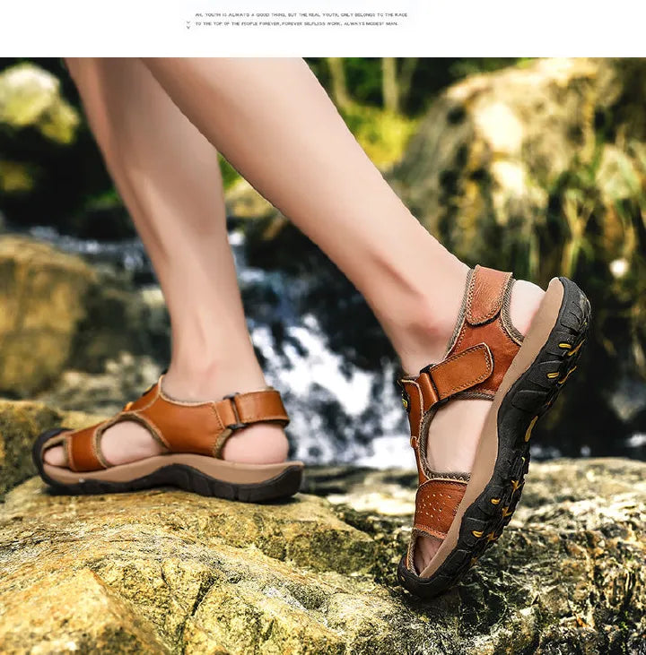 SXCHEN Men's Luxury Leather Beach Sandals, Durable Outdoor Walking Footwear