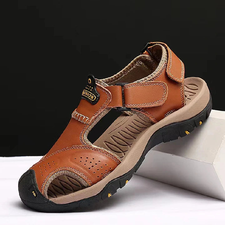 SXCHEN Men's Luxury Leather Beach Sandals, Durable Outdoor Walking Footwear