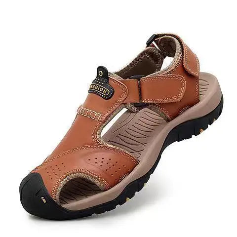 SXCHEN Men's Luxury Leather Beach Sandals, Durable Outdoor Walking Footwear