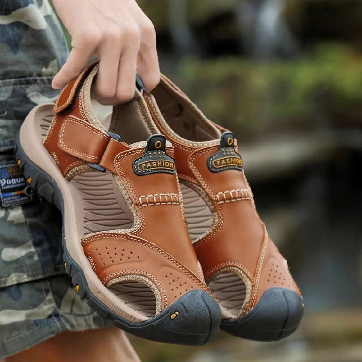 SXCHEN Men's Luxury Leather Beach Sandals, Durable Outdoor Walking Footwear