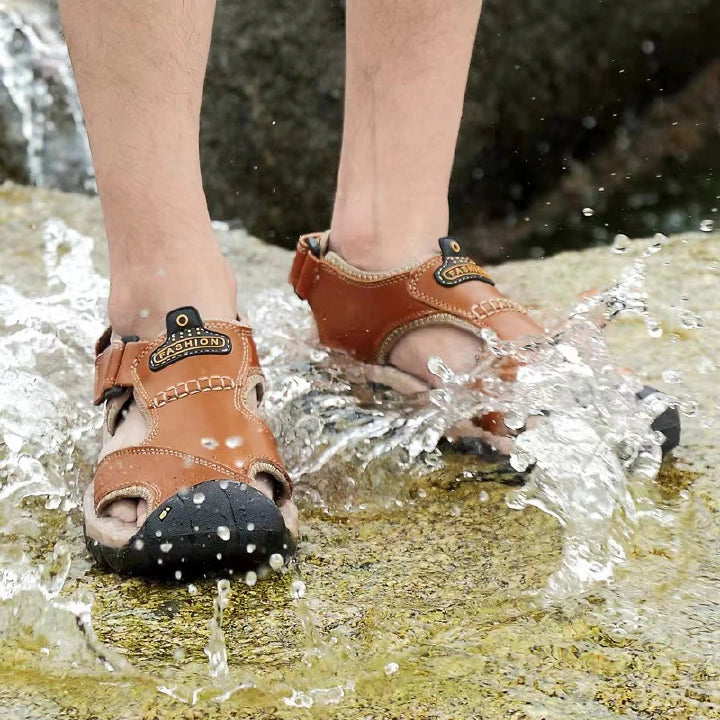 SXCHEN Men's Luxury Leather Beach Sandals, Durable Outdoor Walking Footwear