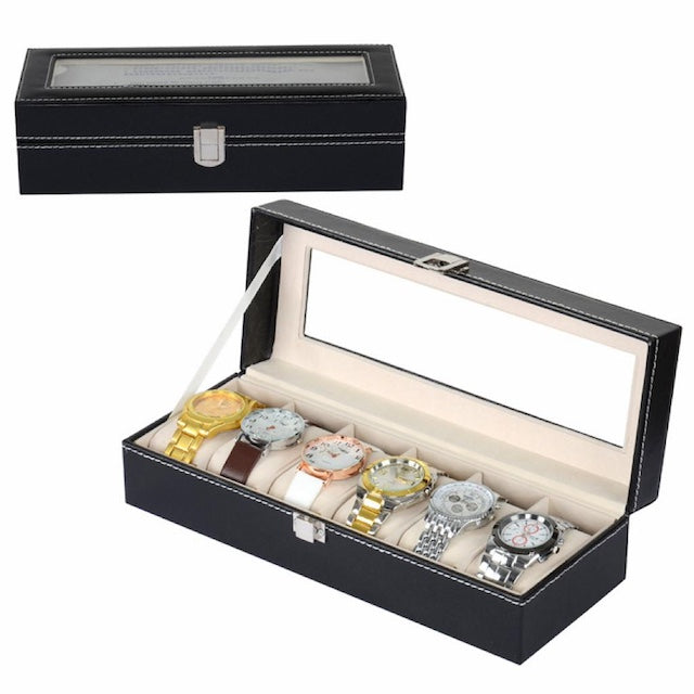 6 Slot Watch Box, Fashion Watch Box Organizer, Leather Watch Case Holder, Jewelry Organizer Storage with See-Through Cover