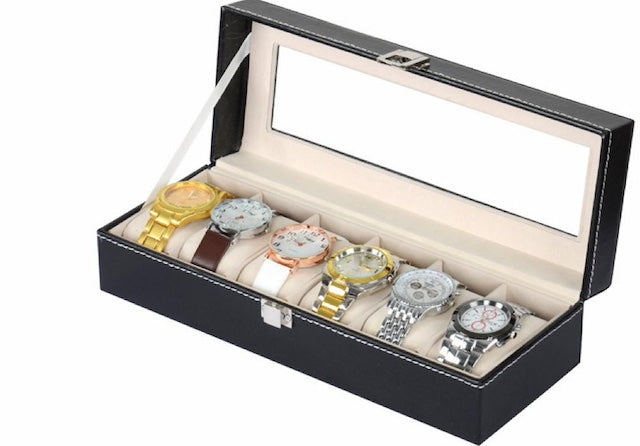 6 Slot Watch Box, Fashion Watch Box Organizer, Leather Watch Case Holder, Jewelry Organizer Storage with See-Through Cover