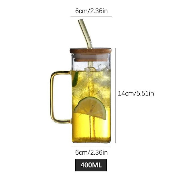 Square Smoothie Glass Cup with Bamboo Lid and Straw, Drinking Glass Cup with Handle for Smoothie, Milk, Water, Soda