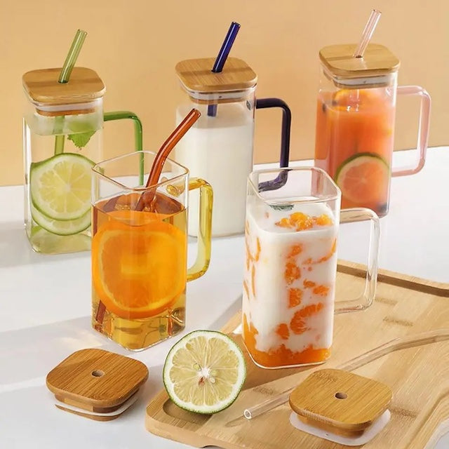 Square Smoothie Glass Cup with Bamboo Lid and Straw, Drinking Glass Cup with Handle for Smoothie, Milk, Water, Soda