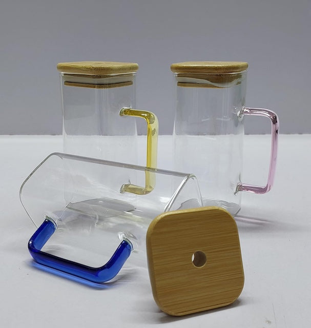 Square Smoothie Glass Cup with Bamboo Lid and Straw, Drinking Glass Cup with Handle for Smoothie, Milk, Water, Soda