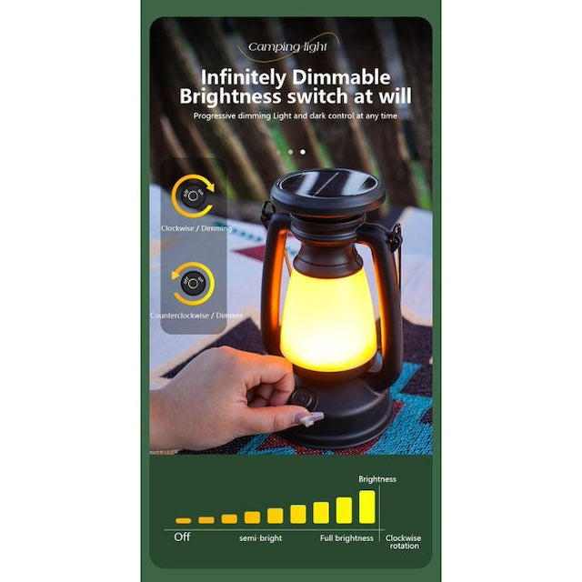 Solar/Rechargeable Lantern Lamp, Portable Camping Lantern USB Rechargeable Hanging Tent Lamp with Stepless Dimming