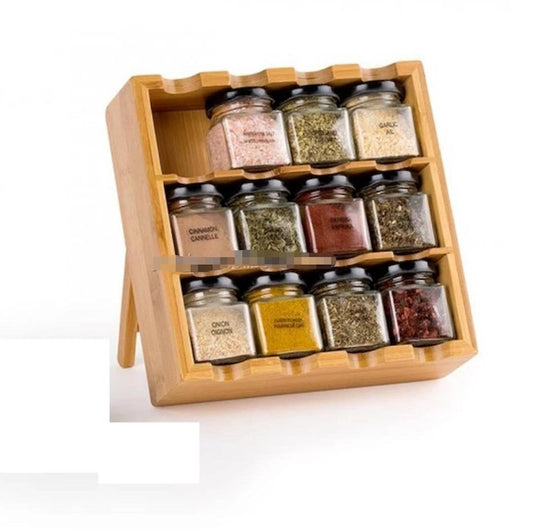 Square Glass Spice Jar Set 12 jars + Bamboo Stand, Bamboo Condiment Organizer Stand, Wall Mounted Wooden Seasoning Holder