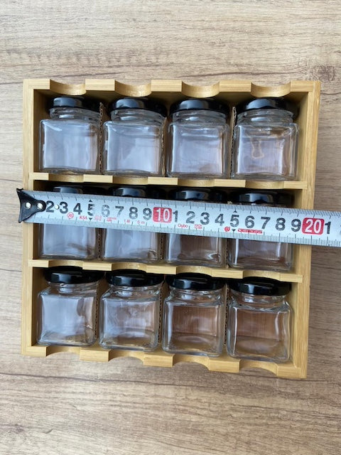 Square Glass Spice Jar Set 12 jars + Bamboo Stand, Bamboo Condiment Organizer Stand, Wall Mounted Wooden Seasoning Holder