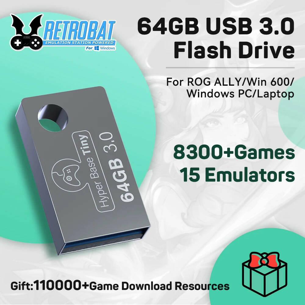 64GB USB 3.0 Hard Disk Retrobat Portable Flash Drive 8300+ Games for PSP/DC/N64/NES/SNES for Windows PC/Laptop/Rog Ally/Win 600