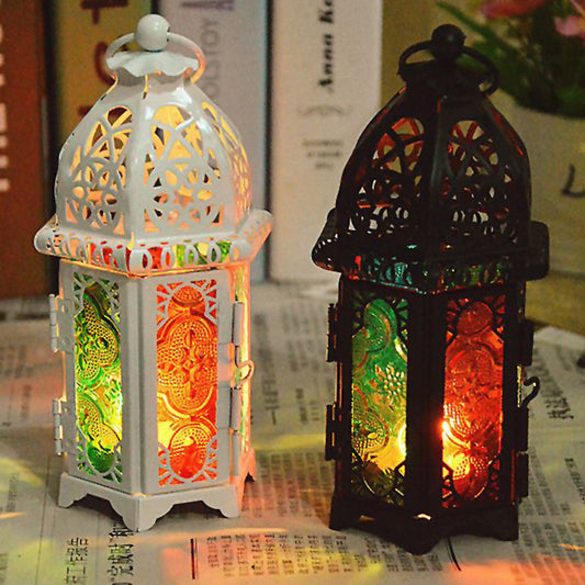 Vintage Moroccan Hollow Iron Lantern Tea Light Hanging Candle Holder Candlestick