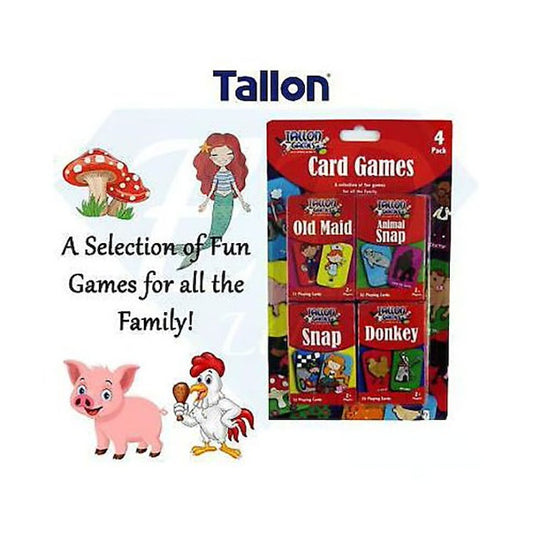 Tallon 4 Pack Donkey Snap Old Maid Children Family Travel Party, Republic Pack of 4 Decks of Classic Traditional Kids Card Games