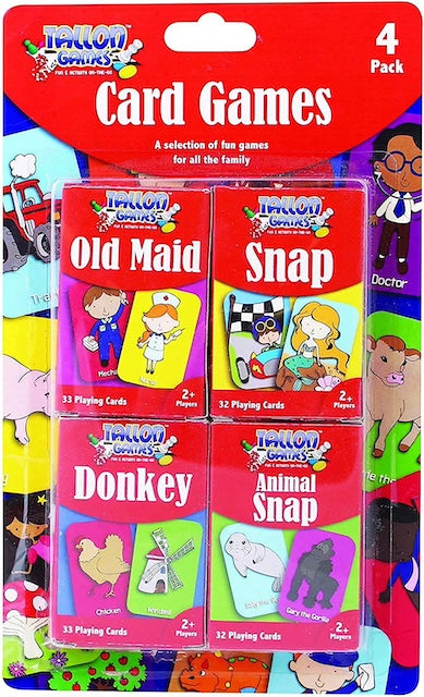 Tallon 4 Pack Donkey Snap Old Maid Children Family Travel Party, Republic Pack of 4 Decks of Classic Traditional Kids Card Games