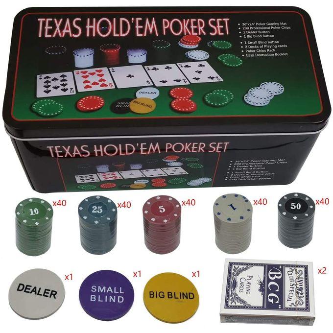 Texas Hold'em Poker Set, 200Pcs Casino Chips, 2 Decks Cards, Playing Cards and Tin Box, Texas Hold'em Poker Game Set with Gaming Mat