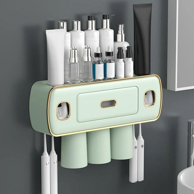 Toothbrush and Toothpaste Holder with Automatic Squeezer and Three Cups, Wall-mounted Multifunctional Bathroom Storage Shelf