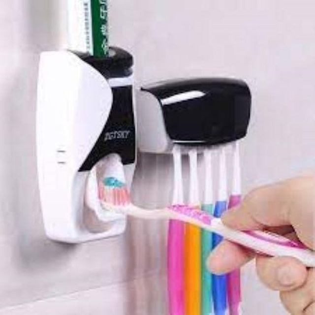 Toothpaste Dispenser + 5pcs Toothbrush Holder, Automatic Toothpaste Squeezing Device, Detachable 5 Hole Toothbrush Holder