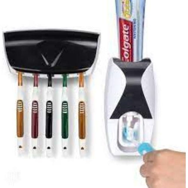 Toothpaste Dispenser + 5pcs Toothbrush Holder, Automatic Toothpaste Squeezing Device, Detachable 5 Hole Toothbrush Holder