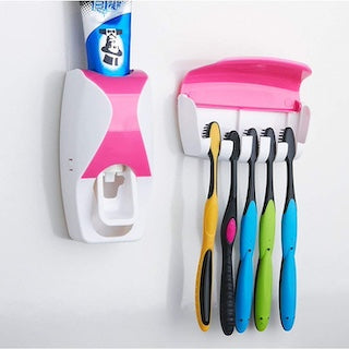 Toothpaste Dispenser + 5pcs Toothbrush Holder, Automatic Toothpaste Squeezing Device, Detachable 5 Hole Toothbrush Holder