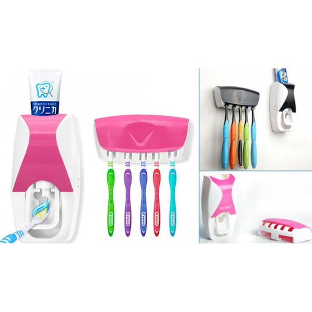 Toothpaste Dispenser + 5pcs Toothbrush Holder, Automatic Toothpaste Squeezing Device, Detachable 5 Hole Toothbrush Holder