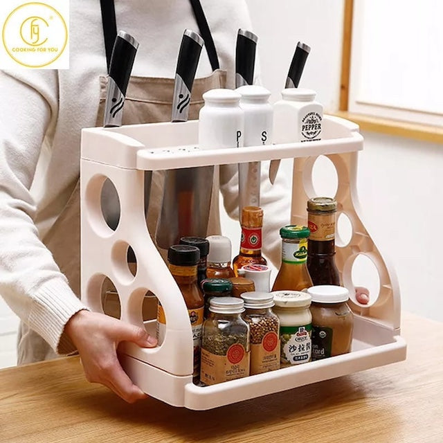 Two Layer Spice Rack with Knife Slots and Side Hollow Pockets, Seasoning Can Storage Rack, Countertop Standing Rack