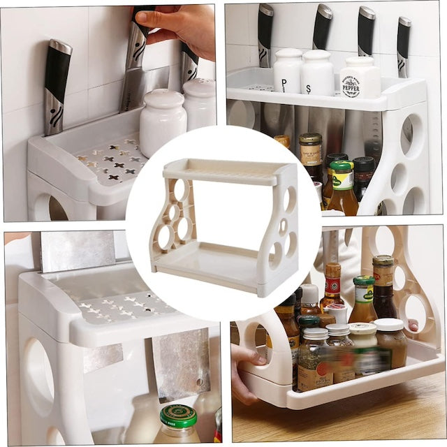 Two Layer Spice Rack with Knife Slots and Side Hollow Pockets, Seasoning Can Storage Rack, Countertop Standing Rack