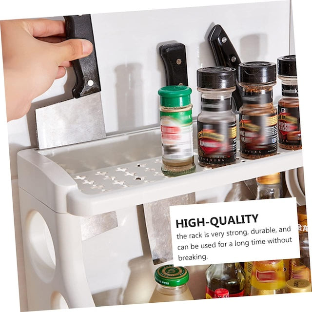 Two Layer Spice Rack with Knife Slots and Side Hollow Pockets, Seasoning Can Storage Rack, Countertop Standing Rack