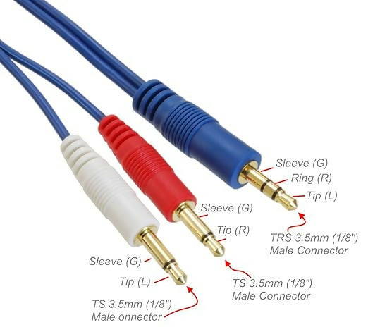 1 to 2 3.5mm Male Stereo Auxiliary Audio Jack - RCA Cable