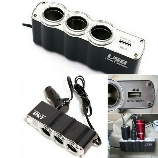 3in1 Triple Socket Car Cigarette Adapter Power Plug USB Port