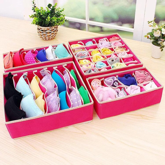 4 in 1 Under Garments Organizer, Fabric Foldable Set of 4 Drawer Storage Organiser Dividers for Tie, Bra, Underwear, Socks