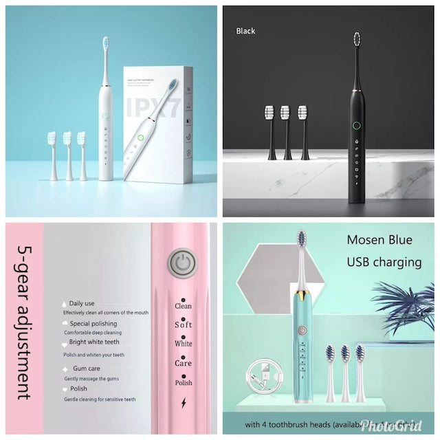 Rechargeable Electric Toothbrush with USB Fast Charge and 3 Replacement Brushing Heads, Electric Toothbrushes with 5 Modes