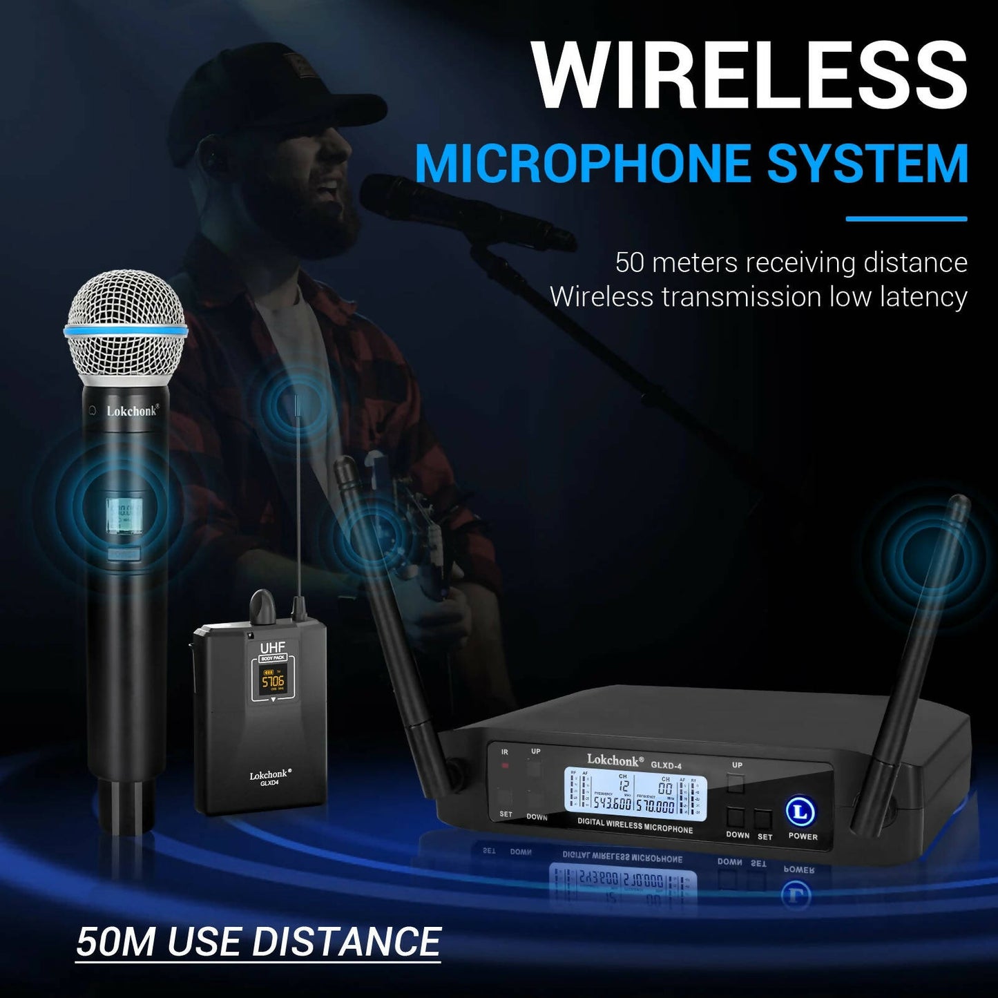 GLXD4 Wireless Microphone System Professional 2 Channels UHF Handheld Dynamic Mic For Stage Speech Wedding Party Church Karaoke