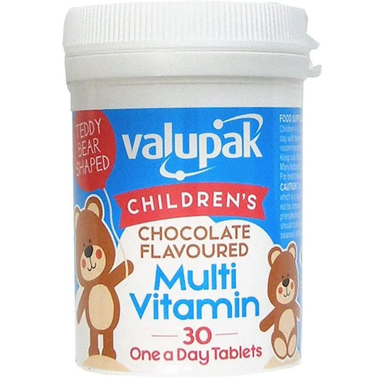 Valupak Multivitamin Children's Chocolate Flavoured Multi Vitamin - Teddy Bear Shaped - 30 Tablets One a Day