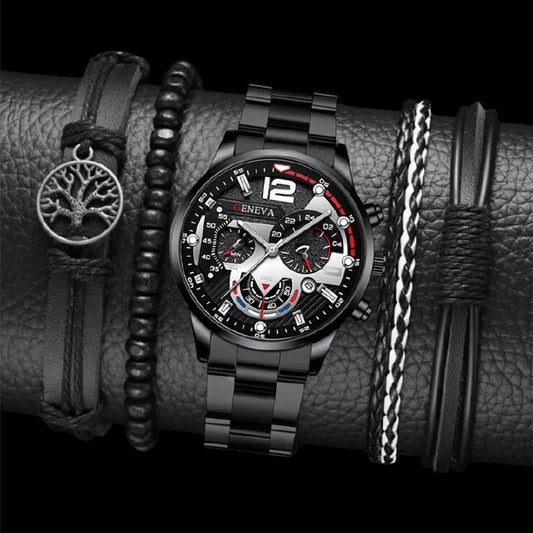 5-Piece Set Men's Fashion Sports Business Quartz Wristwatch Luxury Leather Bracelet