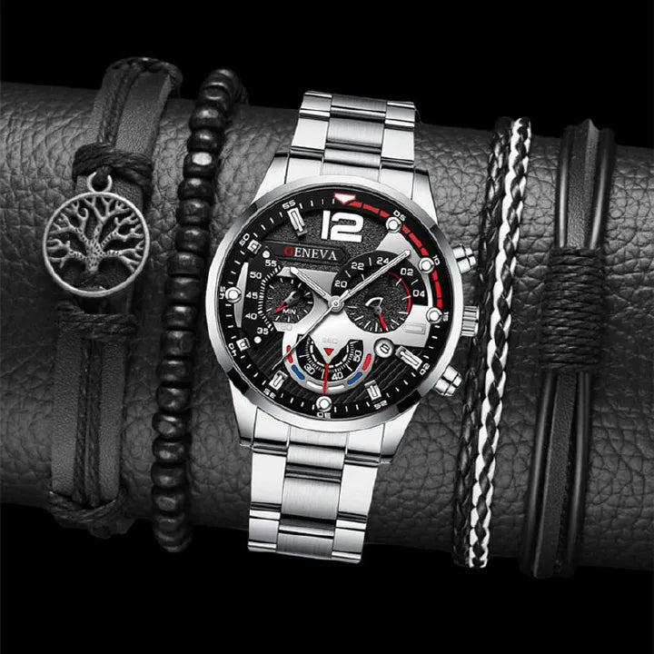 5-Piece Set Men's Fashion Sports Business Quartz Wristwatch Luxury Leather Bracelet