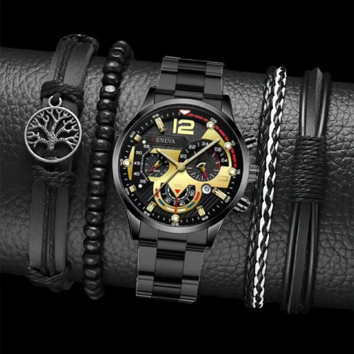 5-Piece Set Men's Fashion Sports Business Quartz Wristwatch Luxury Leather Bracelet