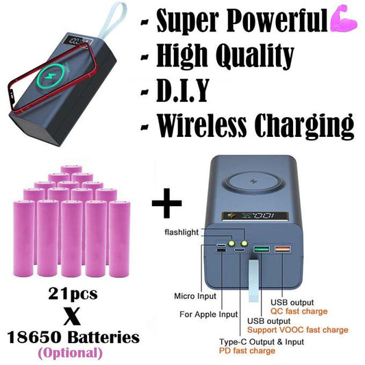 21 Slots High Capacity DIY Wireless Power Bank Case 18650 Battery Power Shell Quick QC3.0 Fast Charging Super Fast Charge VOOC Charger Box + Batteries Torch Flashlight