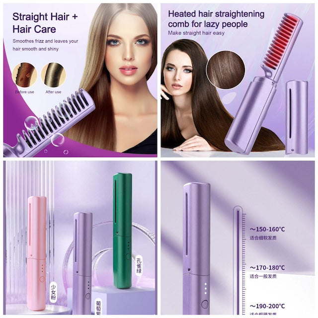 Wireless Hair Straightening Comb, Rechargeable Mini Hair Straightener, Portable Cordless Hair Straightener and Curler