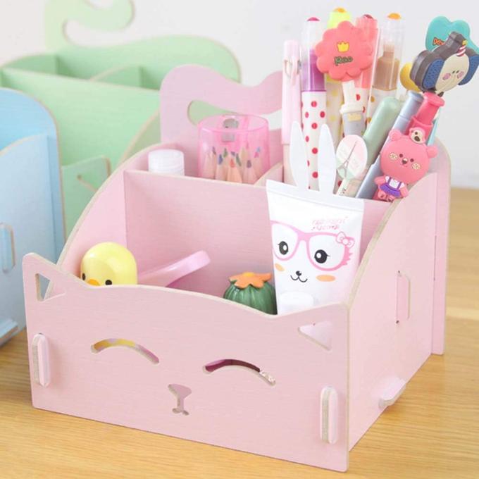 Girls Gift Bedroom Desk Cat Shape Wooden Storage Box DIY Pen Jewelry Desk Organizer