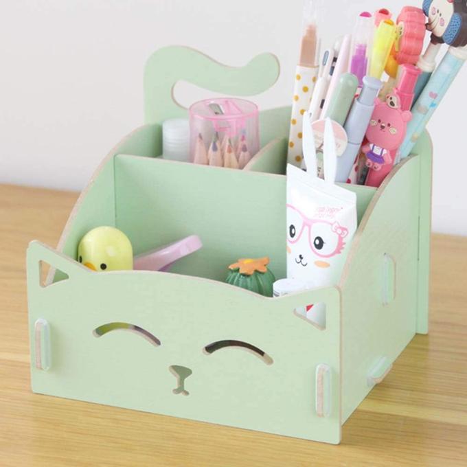 Girls Gift Bedroom Desk Cat Shape Wooden Storage Box DIY Pen Jewelry Desk Organizer