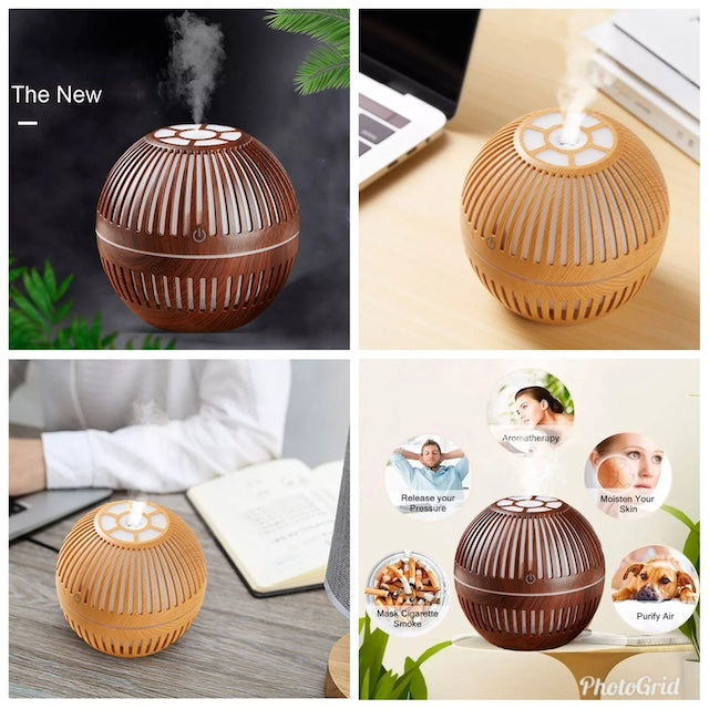 Wood Grain 200ml Round Shape Air Humidifier, Waterless Diffuser for Aroma Essential Oils or Plain Water, Home Mini Decor Humidifier