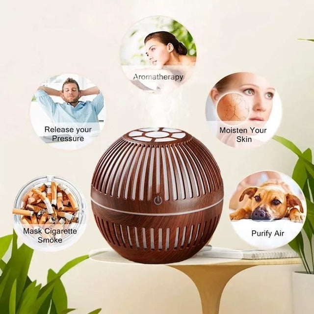 Wood Grain 200ml Round Shape Air Humidifier, Waterless Diffuser for Aroma Essential Oils or Plain Water, Home Mini Decor Humidifier