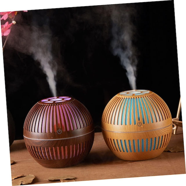 Wood Grain 200ml Round Shape Air Humidifier, Waterless Diffuser for Aroma Essential Oils or Plain Water, Home Mini Decor Humidifier