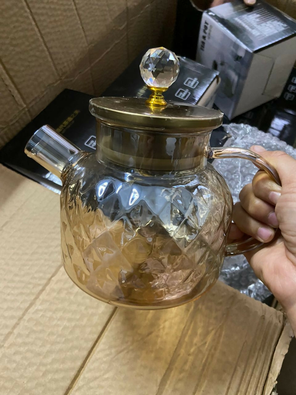 Champagne Color Diamond Texture Surface Glass Kettle Heat-resistant Thicken Glass Household Juice Flower Teapot Nordic